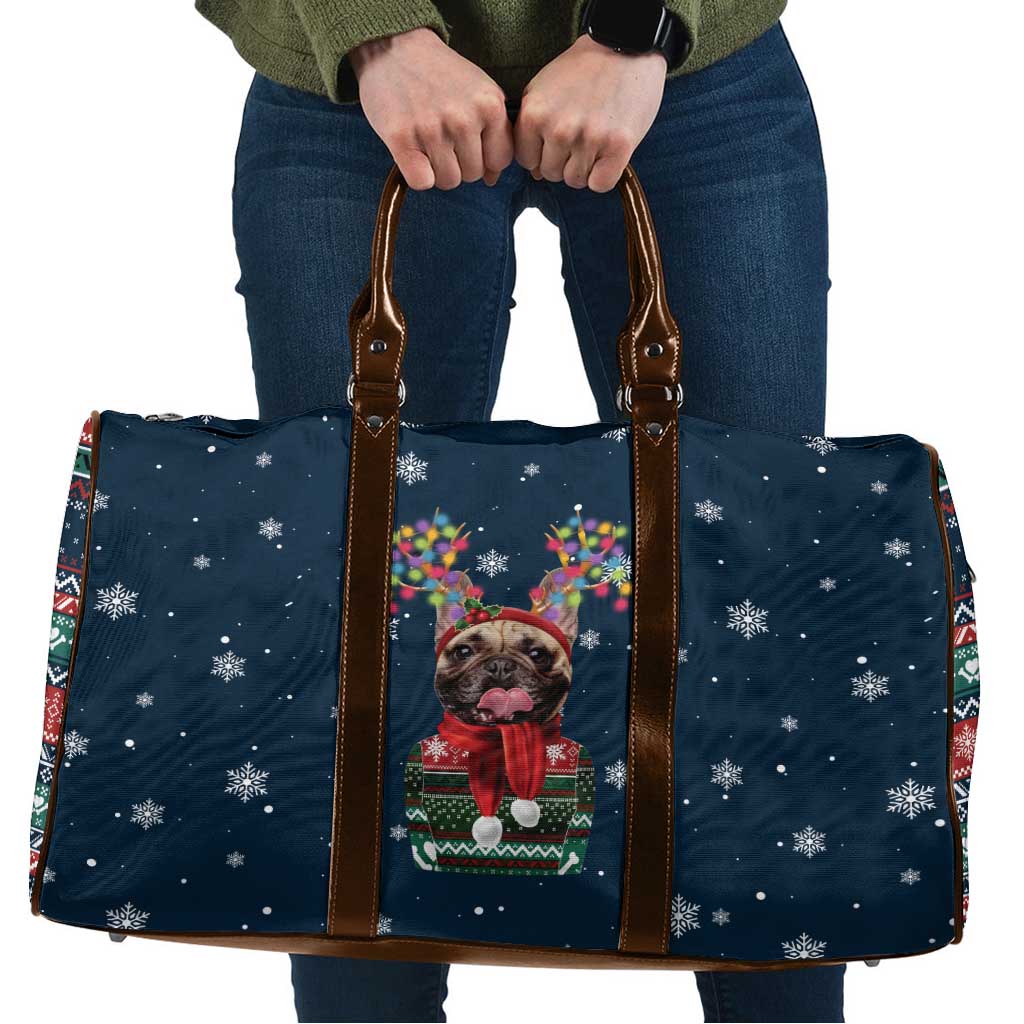 French Bulldog Reindeer Antlers Lights Travel Bag with Red Green Winter Pattern Design - Wonder Print Shop
