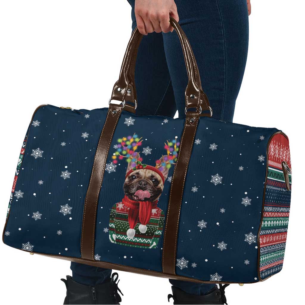 French Bulldog Reindeer Antlers Lights Travel Bag with Red Green Winter Pattern Design - Wonder Print Shop
