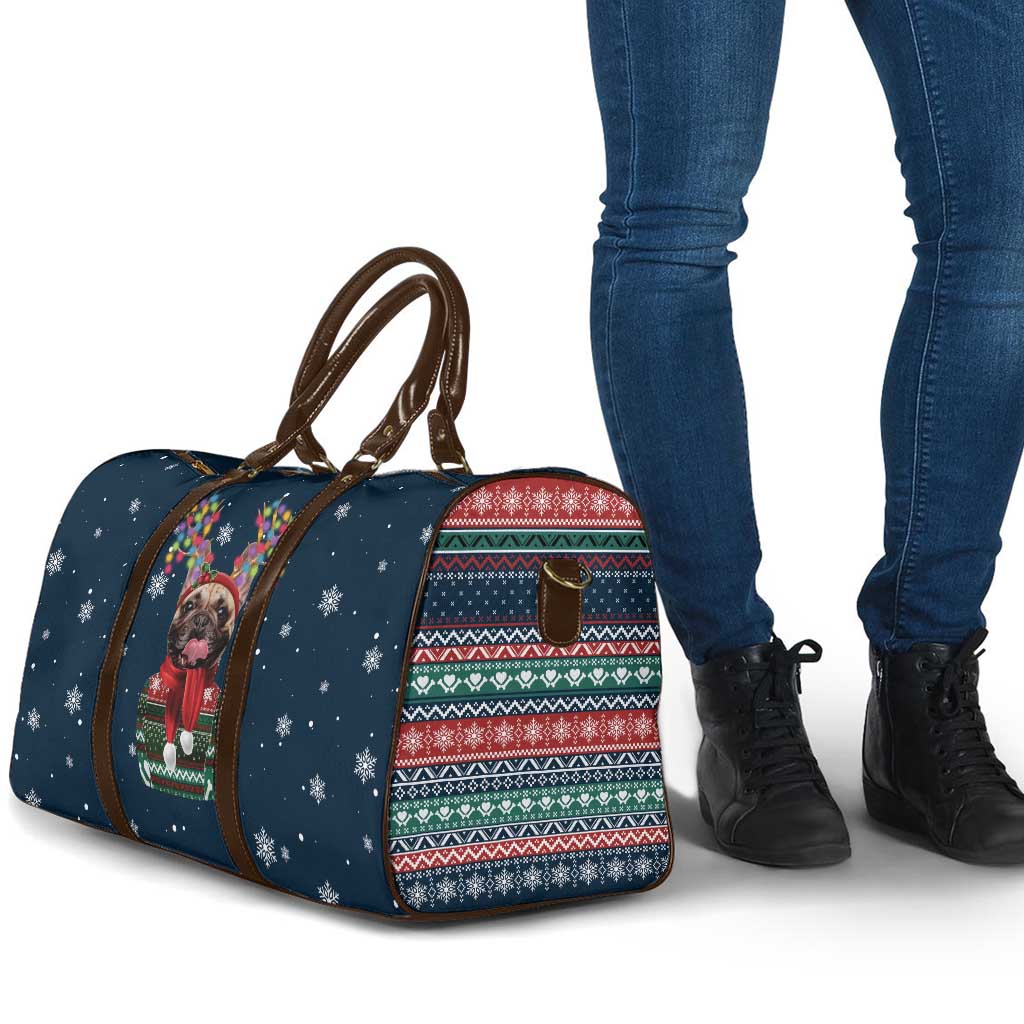 French Bulldog Reindeer Antlers Lights Travel Bag with Red Green Winter Pattern Design - Wonder Print Shop