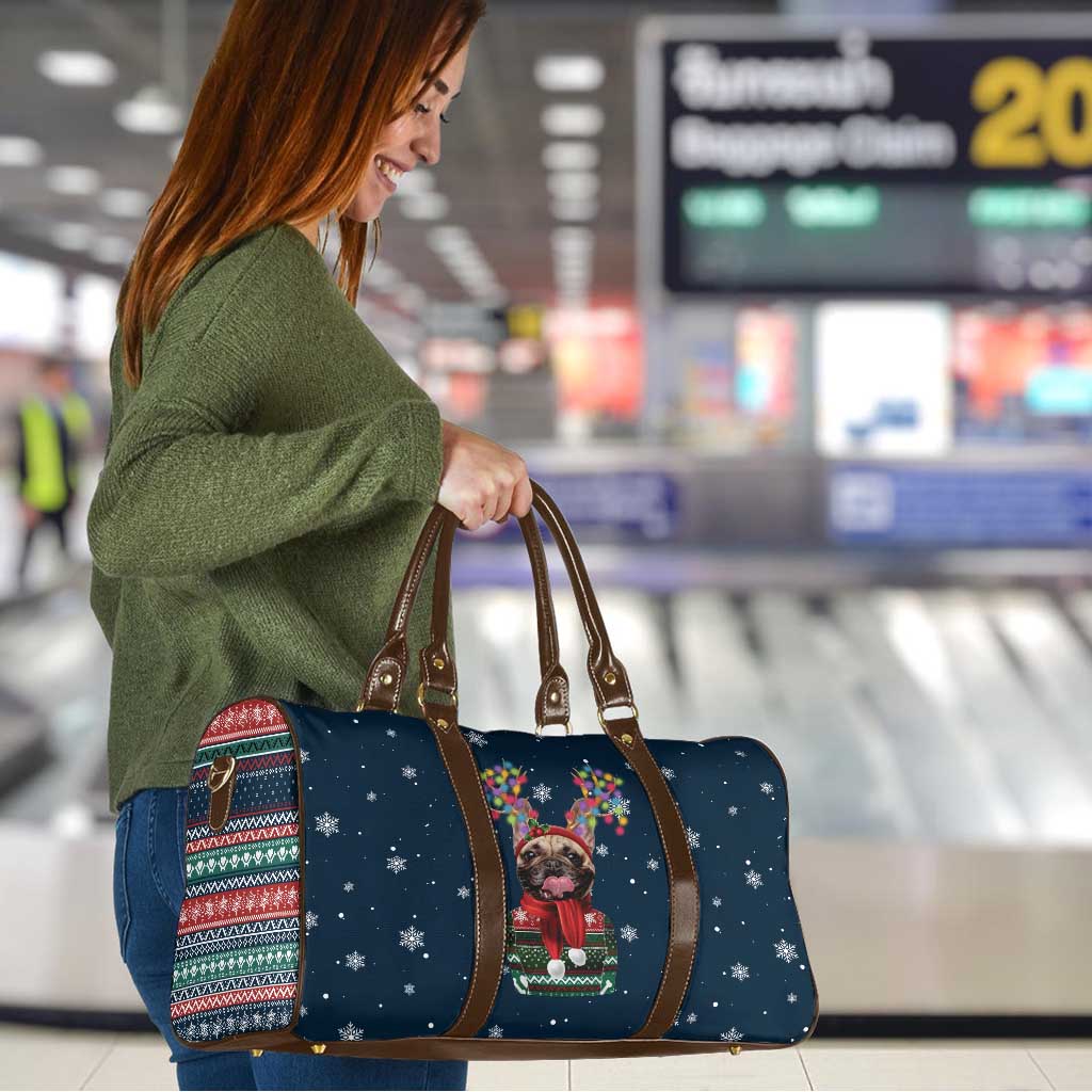 French Bulldog Reindeer Antlers Lights Travel Bag with Red Green Winter Pattern Design - Wonder Print Shop