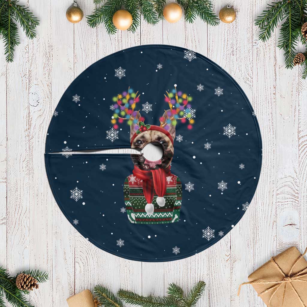 French Bulldog Reindeer Antlers Lights Tree Skirt with Red Green Winter Pattern Design - Wonder Print Shop