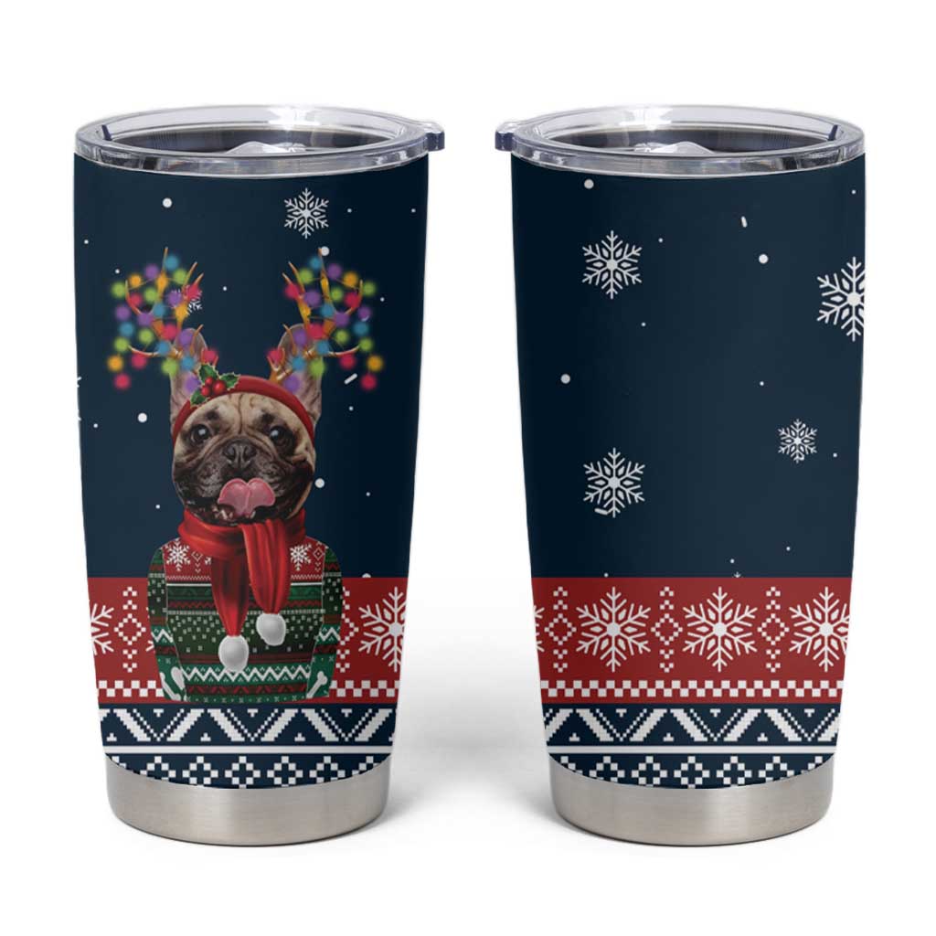 French Bulldog Reindeer Antlers Lights Tumbler Cup with Red Green Winter Pattern Design - Wonder Print Shop