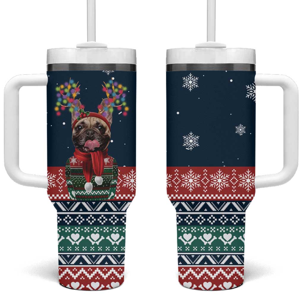 French Bulldog Reindeer Antlers Lights Tumbler With Handle with Red Green Winter Pattern Design - Wonder Print Shop