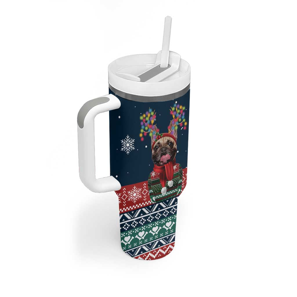 French Bulldog Reindeer Antlers Lights Tumbler With Handle with Red Green Winter Pattern Design - Wonder Print Shop