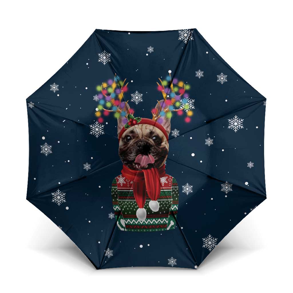 French Bulldog Reindeer Antlers Lights Umbrella with Red Green Winter Pattern Design - Wonder Print Shop
