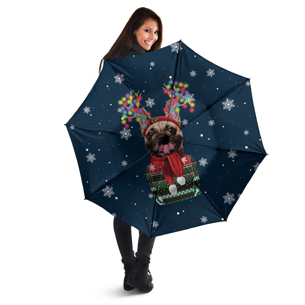 French Bulldog Reindeer Antlers Lights Umbrella with Red Green Winter Pattern Design - Wonder Print Shop