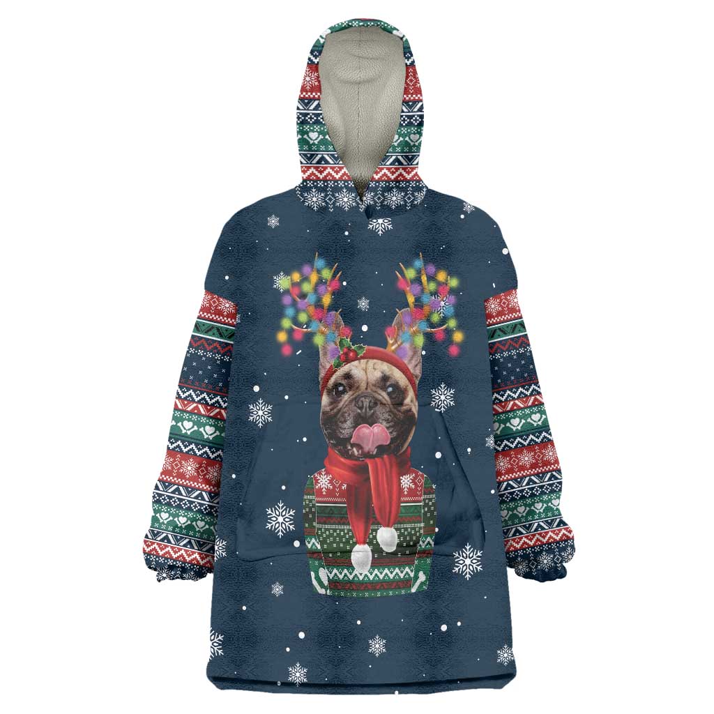 French Bulldog Reindeer Antlers Lights Wearable Blanket Hoodie with Red Green Winter Pattern Design - Wonder Print Shop