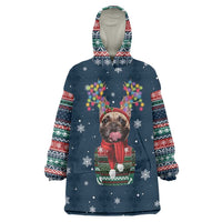 French Bulldog Reindeer Antlers Lights Wearable Blanket Hoodie with Red Green Winter Pattern Design - Wonder Print Shop