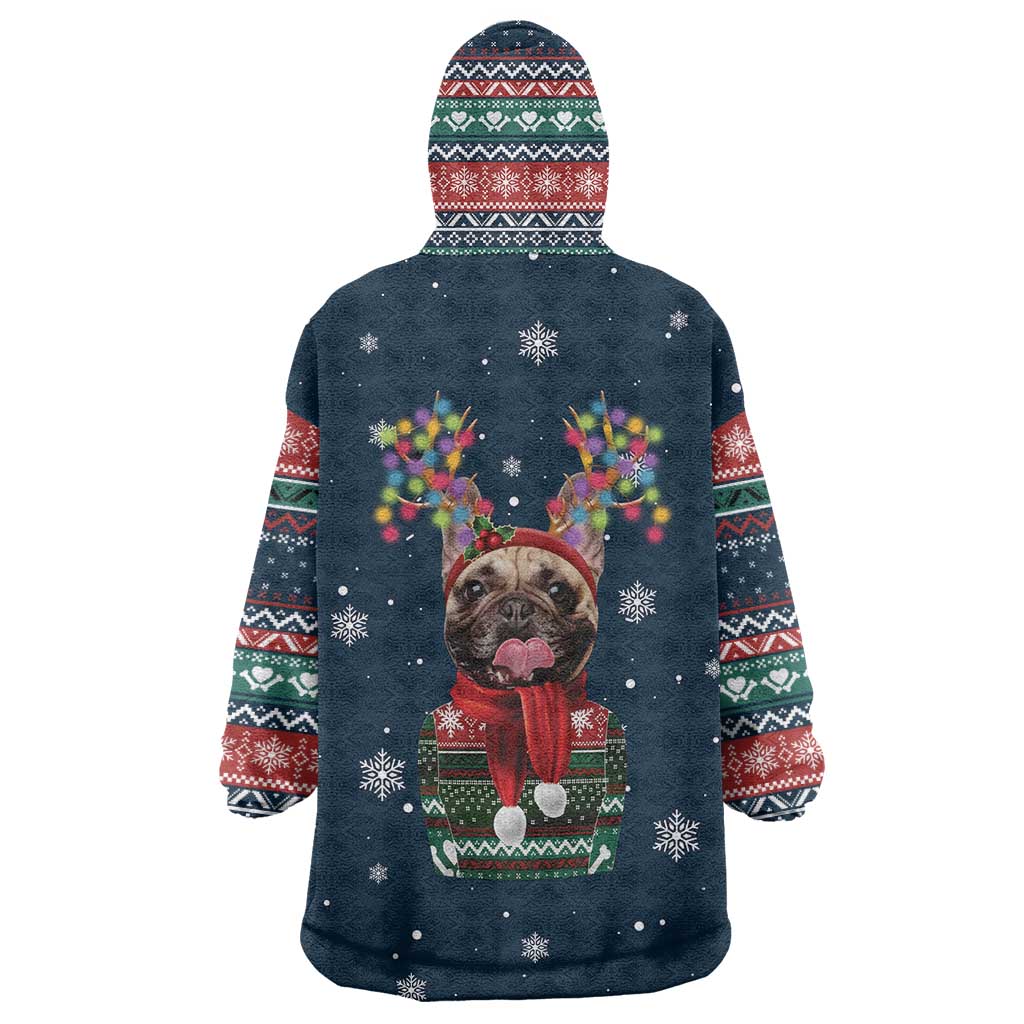 French Bulldog Reindeer Antlers Lights Wearable Blanket Hoodie with Red Green Winter Pattern Design - Wonder Print Shop