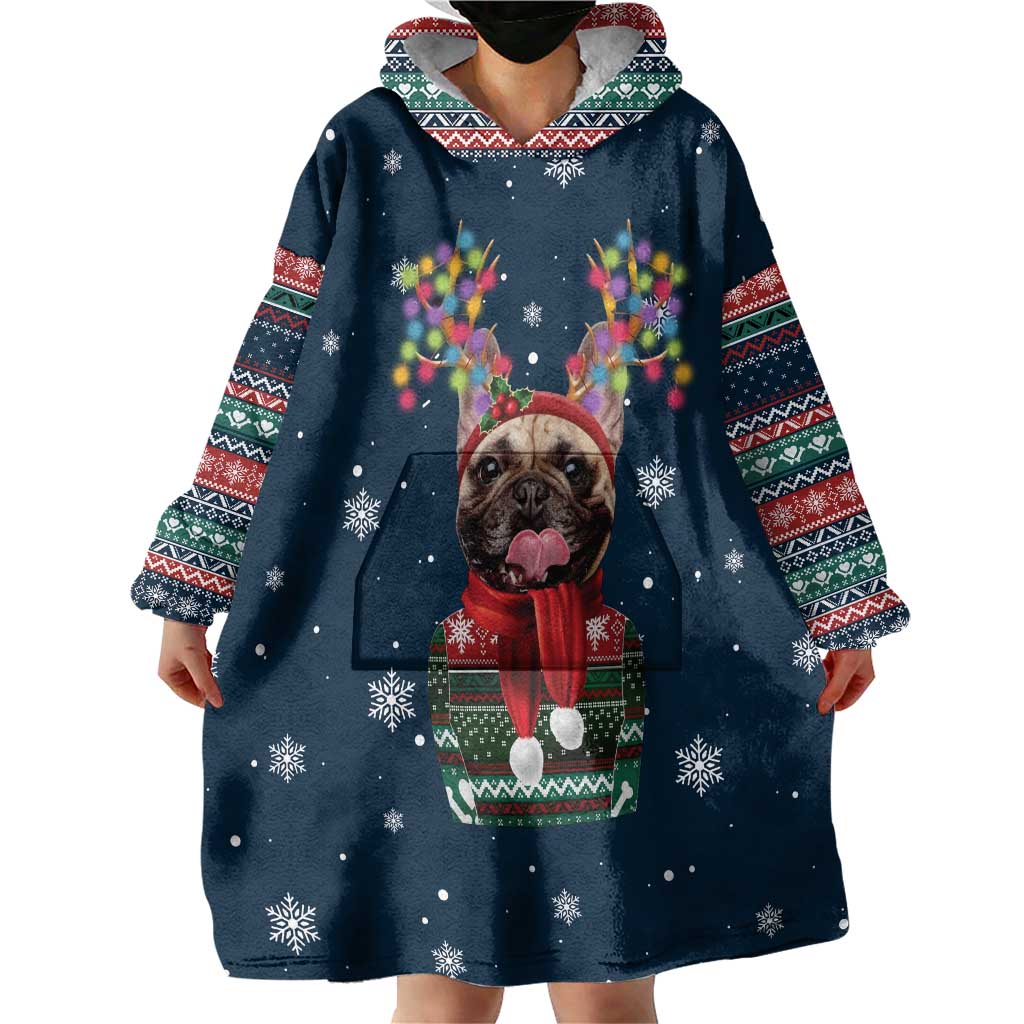 French Bulldog Reindeer Antlers Lights Wearable Blanket Hoodie with Red Green Winter Pattern Design - Wonder Print Shop
