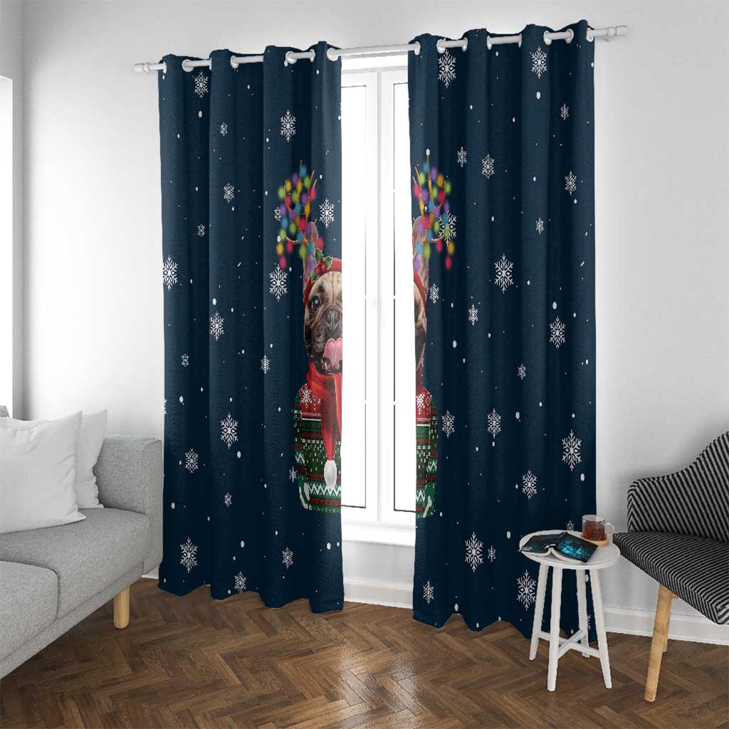 French Bulldog Reindeer Antlers Lights Window Curtain with Red Green Winter Pattern Design - Wonder Print Shop