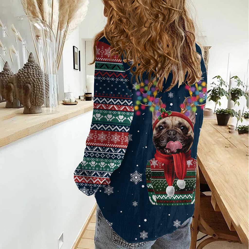 French Bulldog Reindeer Antlers Lights Women Casual Shirt with Red Green Winter Pattern Design - Wonder Print Shop