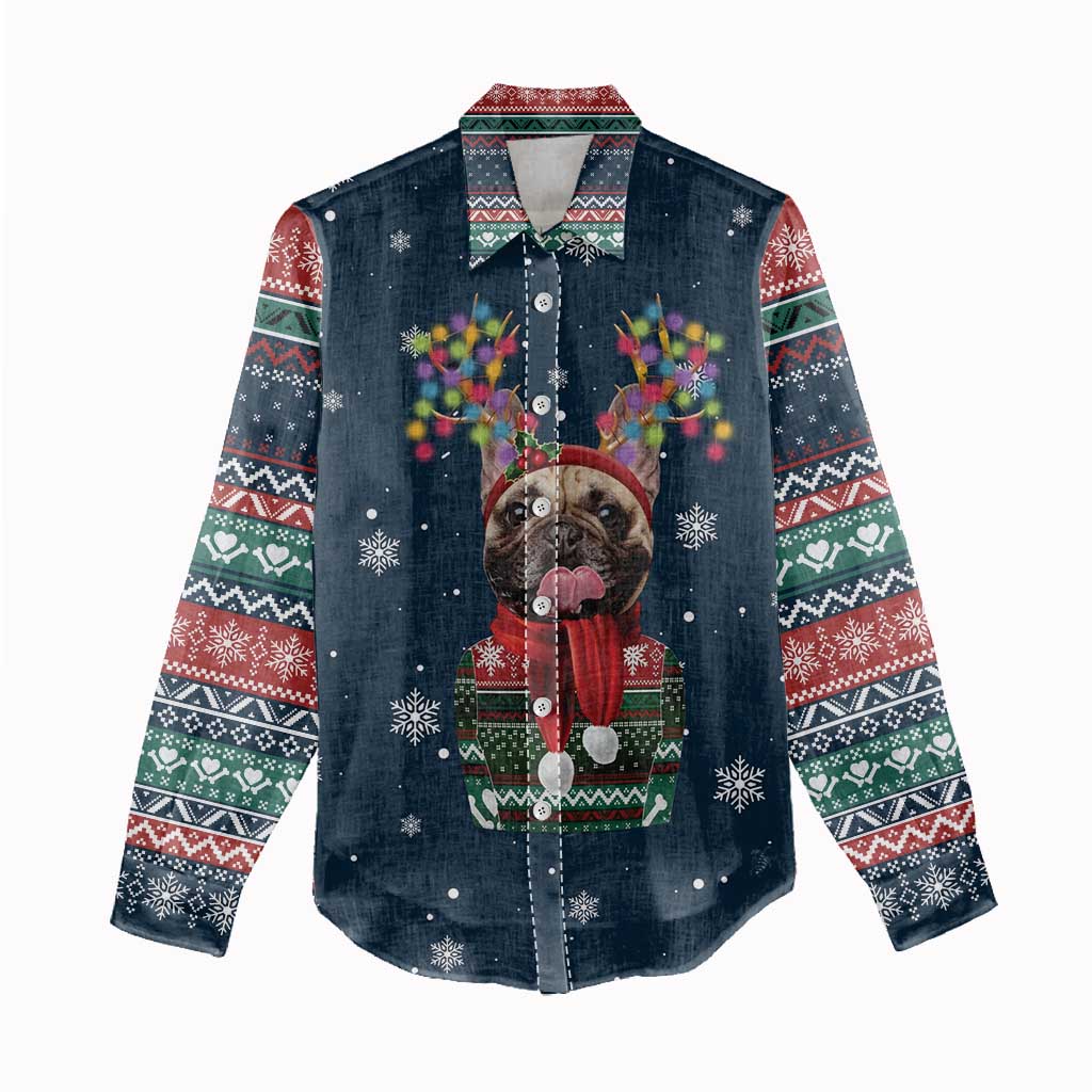 French Bulldog Reindeer Antlers Lights Women Casual Shirt with Red Green Winter Pattern Design - Wonder Print Shop