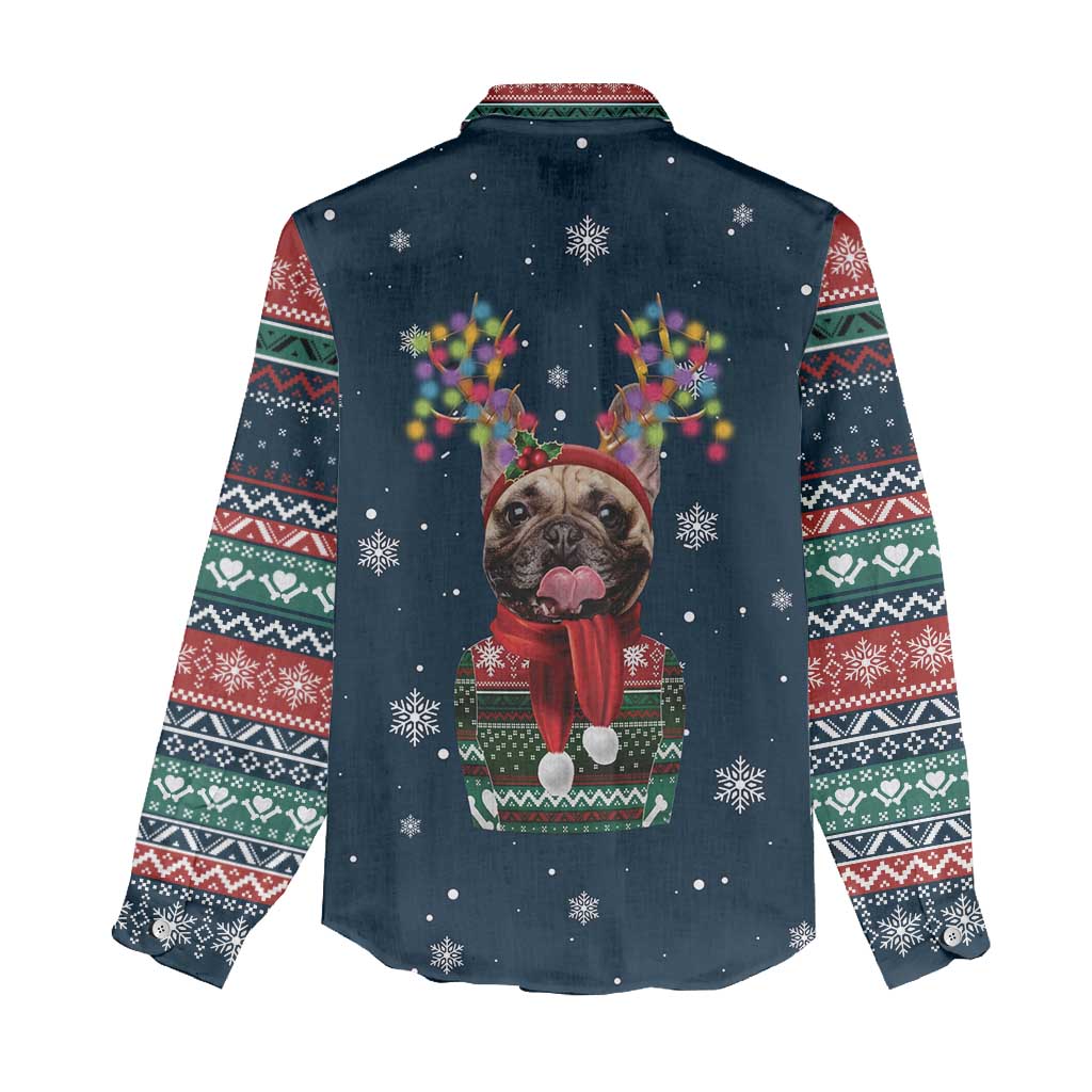 French Bulldog Reindeer Antlers Lights Women Casual Shirt with Red Green Winter Pattern Design - Wonder Print Shop