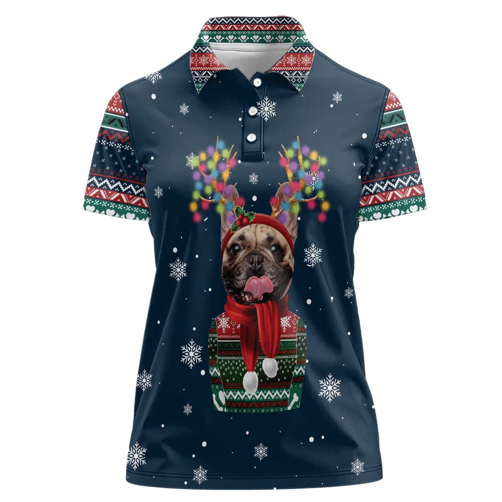 French Bulldog Reindeer Antlers Lights Women Polo Shirt with Red Green Winter Pattern Design - Wonder Print Shop