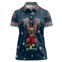 French Bulldog Reindeer Antlers Lights Women Polo Shirt with Red Green Winter Pattern Design - Wonder Print Shop