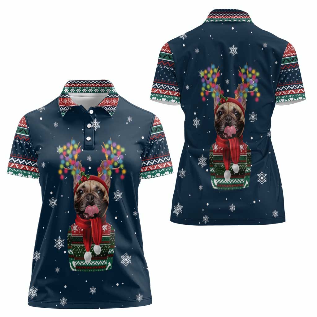French Bulldog Reindeer Antlers Lights Women Polo Shirt with Red Green Winter Pattern Design - Wonder Print Shop