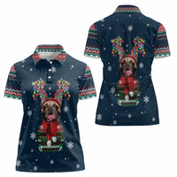 French Bulldog Reindeer Antlers Lights Women Polo Shirt with Red Green Winter Pattern Design - Wonder Print Shop