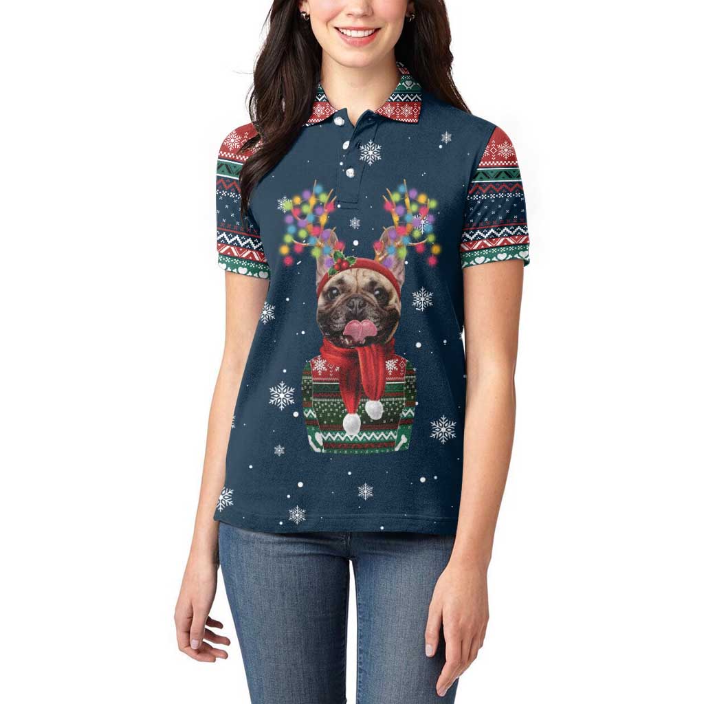 French Bulldog Reindeer Antlers Lights Women Polo Shirt with Red Green Winter Pattern Design - Wonder Print Shop