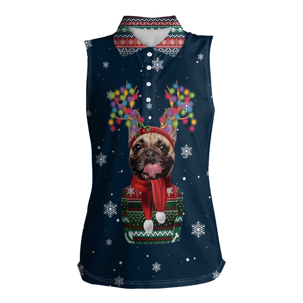 French Bulldog Reindeer Antlers Lights Women Sleeveless Polo Shirt with Red Green Winter Pattern Design - Wonder Print Shop