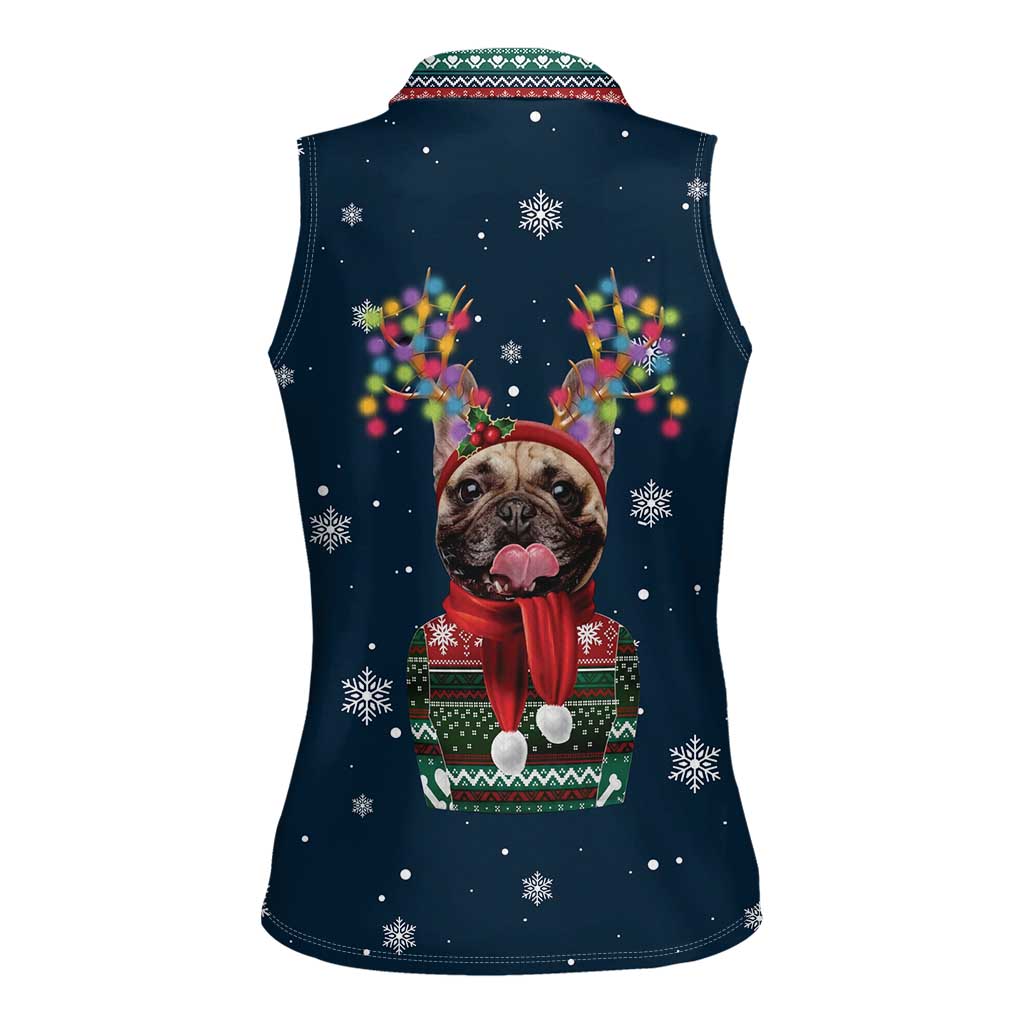 French Bulldog Reindeer Antlers Lights Women Sleeveless Polo Shirt with Red Green Winter Pattern Design - Wonder Print Shop