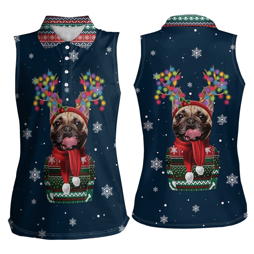French Bulldog Reindeer Antlers Lights Women Sleeveless Polo Shirt with Red Green Winter Pattern Design - Wonder Print Shop