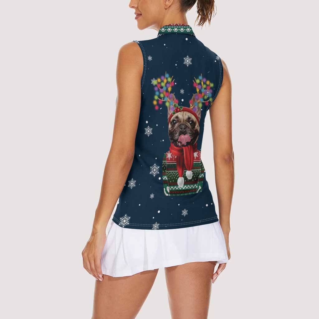 French Bulldog Reindeer Antlers Lights Women Sleeveless Polo Shirt with Red Green Winter Pattern Design - Wonder Print Shop