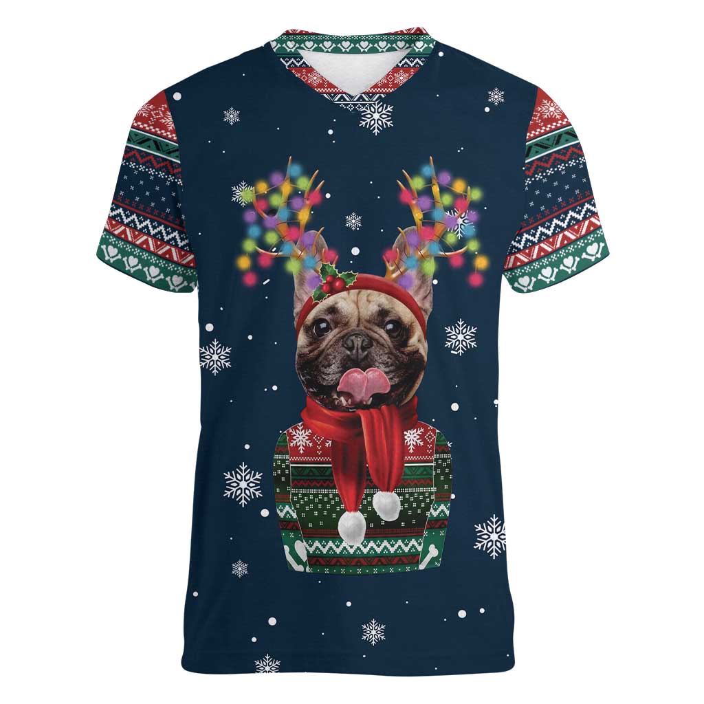 French Bulldog Reindeer Antlers Lights Women V-Neck T-Shirt with Red Green Winter Pattern Design - Wonder Print Shop