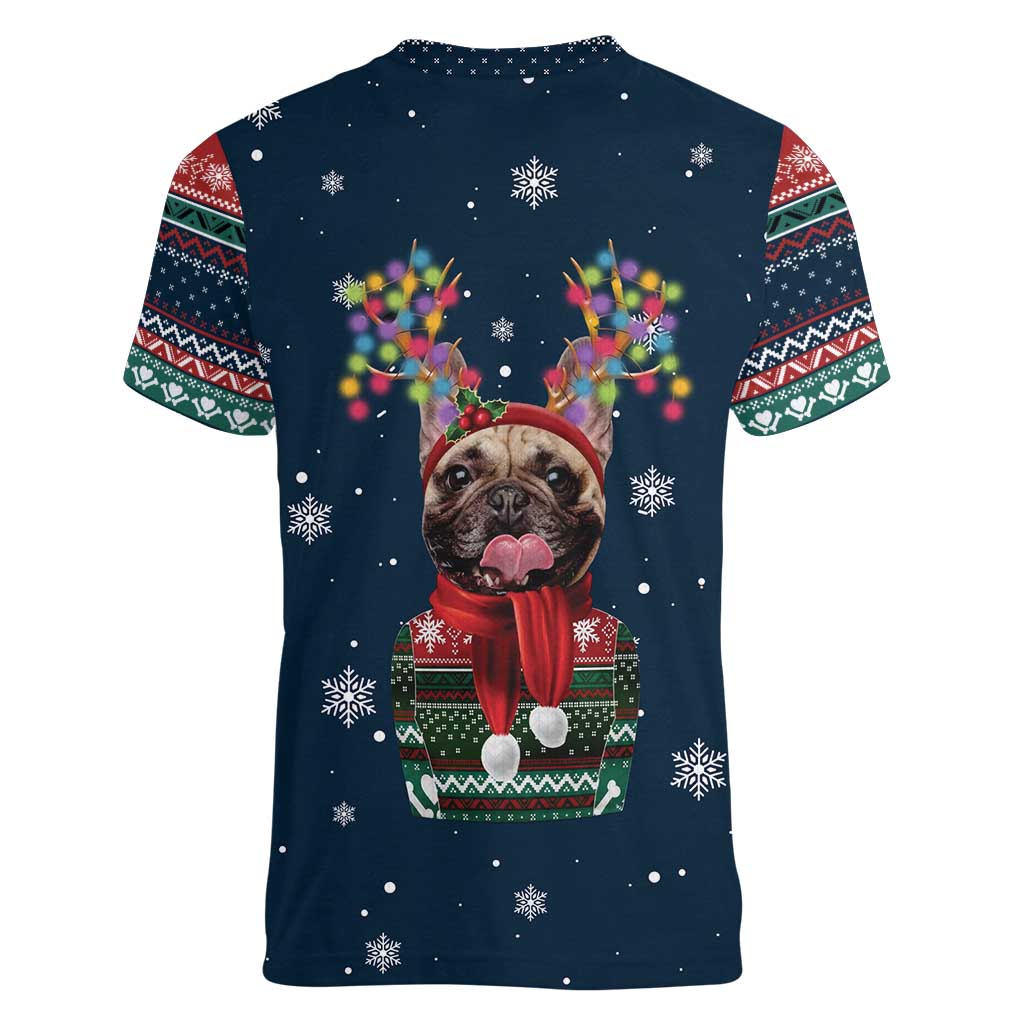 French Bulldog Reindeer Antlers Lights Women V-Neck T-Shirt with Red Green Winter Pattern Design - Wonder Print Shop