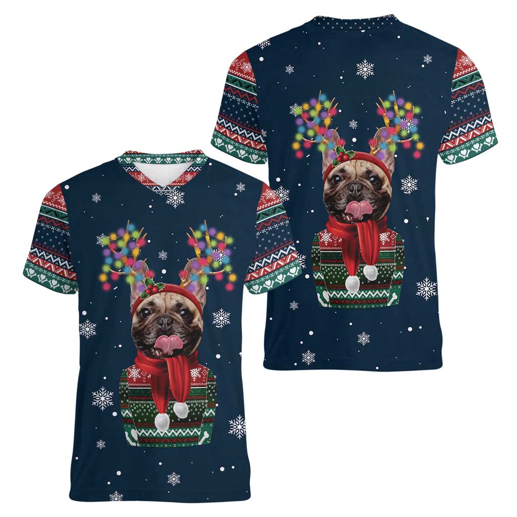 French Bulldog Reindeer Antlers Lights Women V-Neck T-Shirt with Red Green Winter Pattern Design - Wonder Print Shop