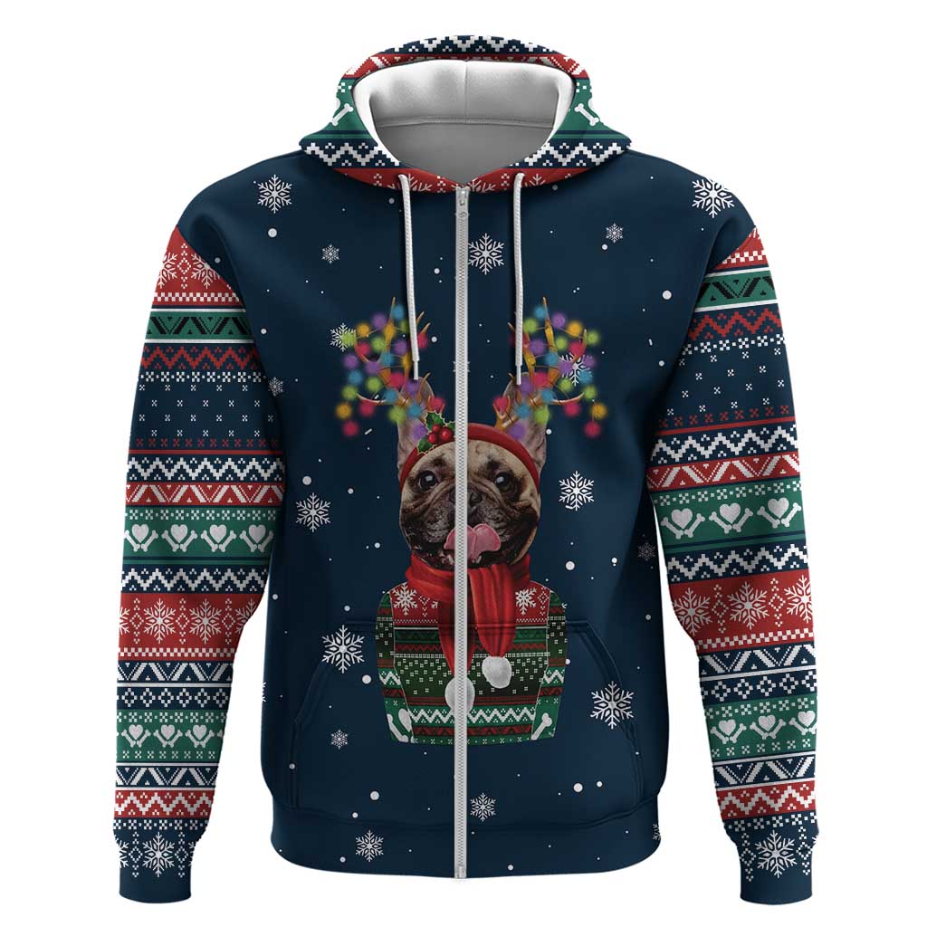French Bulldog Reindeer Antlers Lights Zip Hoodie with Red Green Winter Pattern Design - Wonder Print Shop