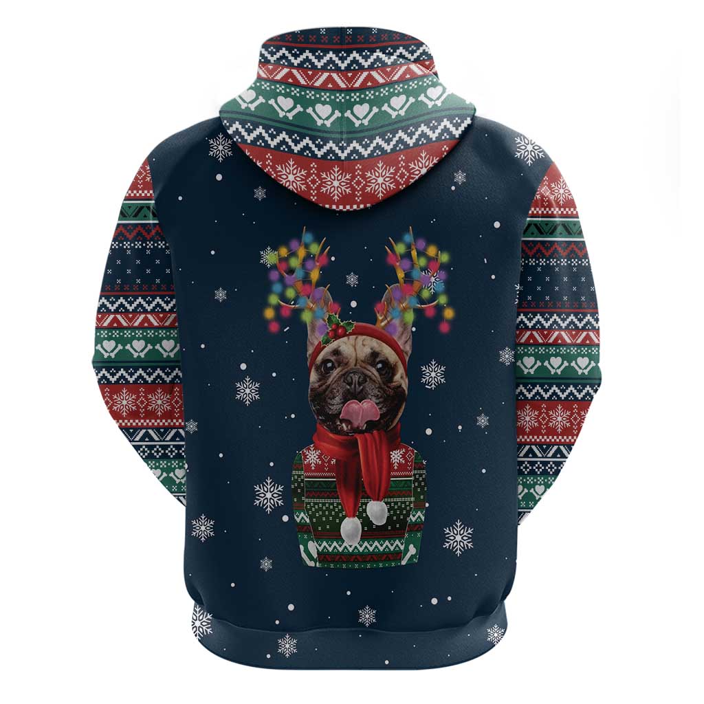 French Bulldog Reindeer Antlers Lights Zip Hoodie with Red Green Winter Pattern Design - Wonder Print Shop