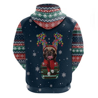 French Bulldog Reindeer Antlers Lights Zip Hoodie with Red Green Winter Pattern Design - Wonder Print Shop