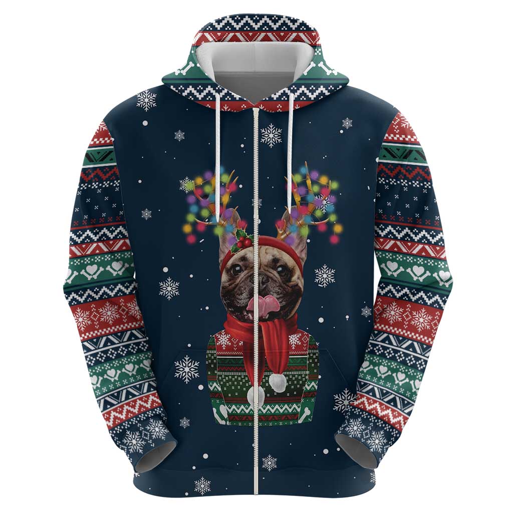 French Bulldog Reindeer Antlers Lights Zip Hoodie with Red Green Winter Pattern Design - Wonder Print Shop