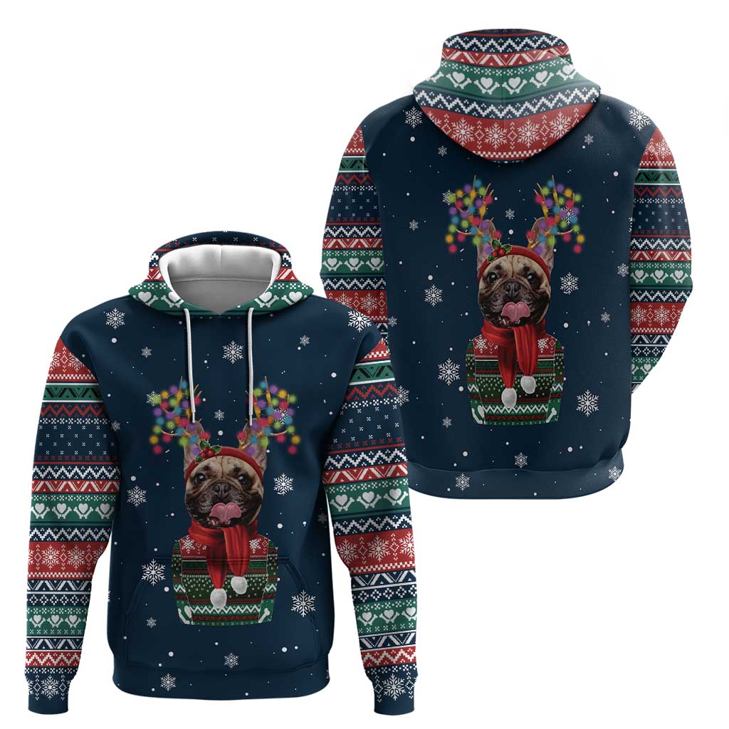 French Bulldog Reindeer Antlers Lights Zip Hoodie with Red Green Winter Pattern Design - Wonder Print Shop