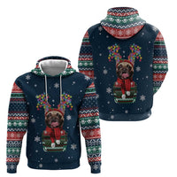 French Bulldog Reindeer Antlers Lights Zip Hoodie with Red Green Winter Pattern Design - Wonder Print Shop