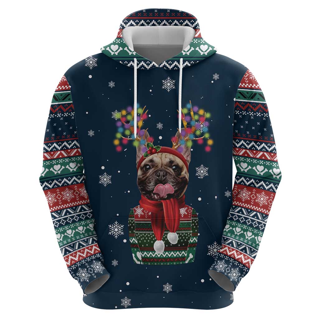 French Bulldog Reindeer Antlers Lights Zip Hoodie with Red Green Winter Pattern Design - Wonder Print Shop
