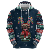 French Bulldog Reindeer Antlers Lights Zip Hoodie with Red Green Winter Pattern Design - Wonder Print Shop
