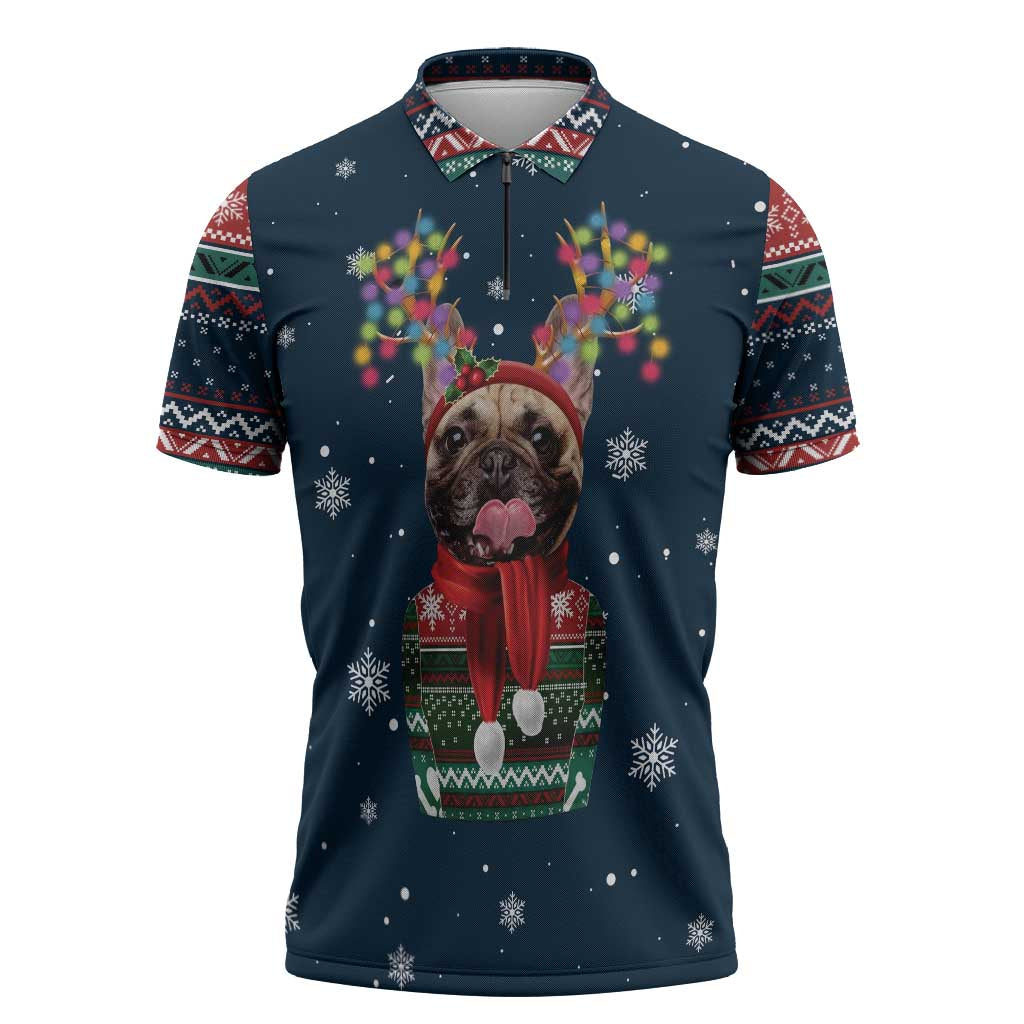 French Bulldog Reindeer Antlers Lights Zipper Polo Shirt with Red Green Winter Pattern Design - Wonder Print Shop