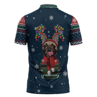 French Bulldog Reindeer Antlers Lights Zipper Polo Shirt with Red Green Winter Pattern Design - Wonder Print Shop