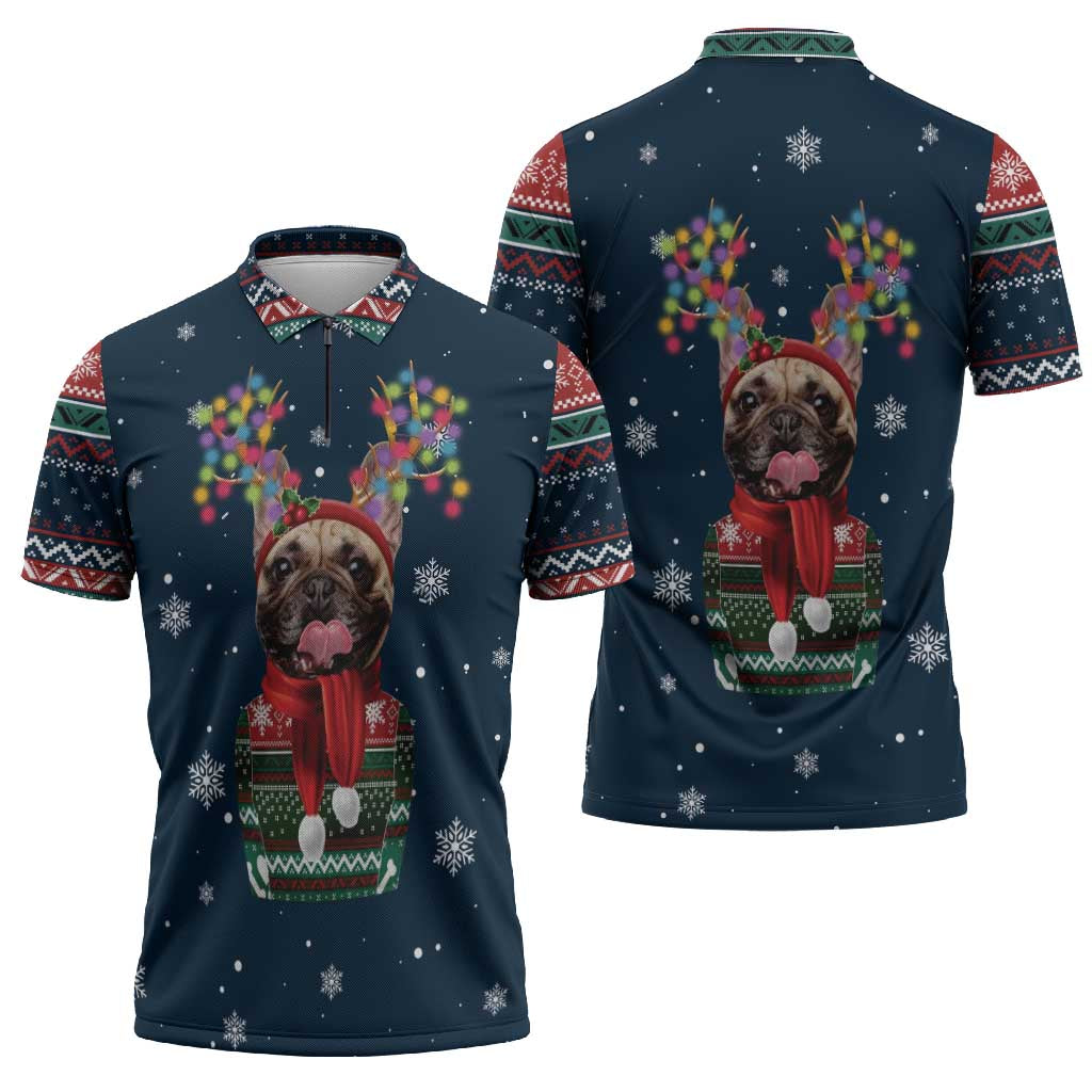 French Bulldog Reindeer Antlers Lights Zipper Polo Shirt with Red Green Winter Pattern Design - Wonder Print Shop