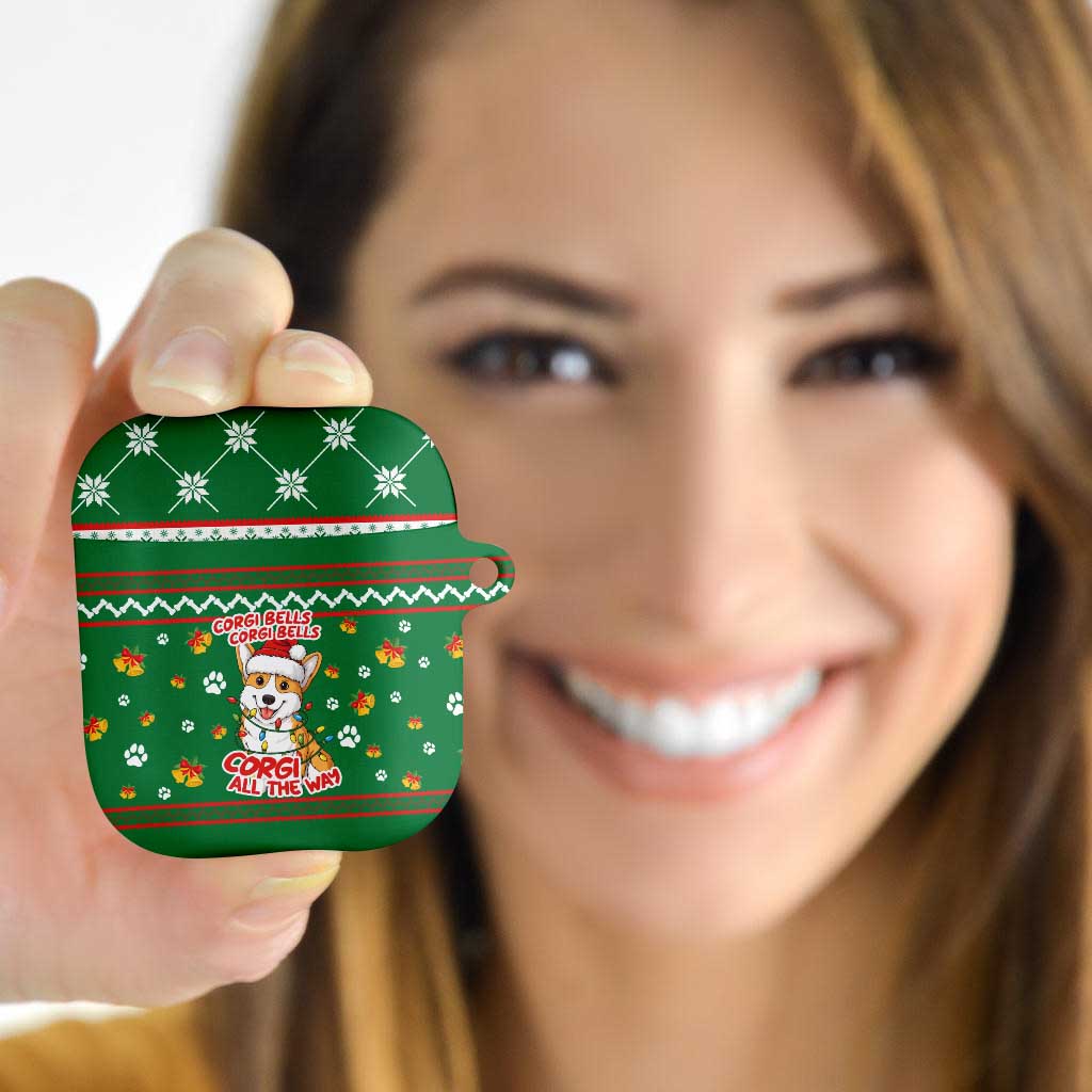 Corgi Dog Lights Corgi Bells Corgi All the Way AirPods Case wirh Green Snowflake Pattern Design - Wonder Print Shop