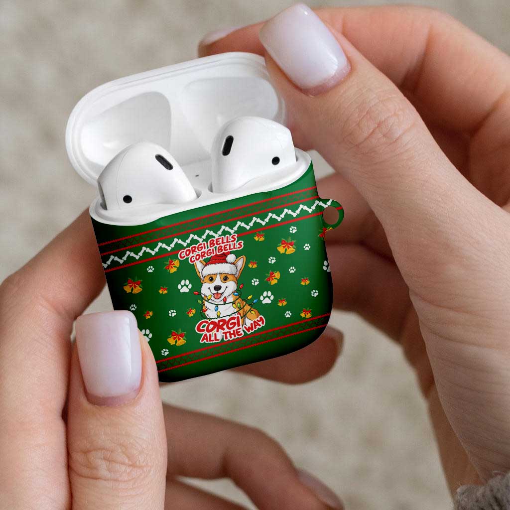 Corgi Dog Lights Corgi Bells Corgi All the Way AirPods Case wirh Green Snowflake Pattern Design - Wonder Print Shop