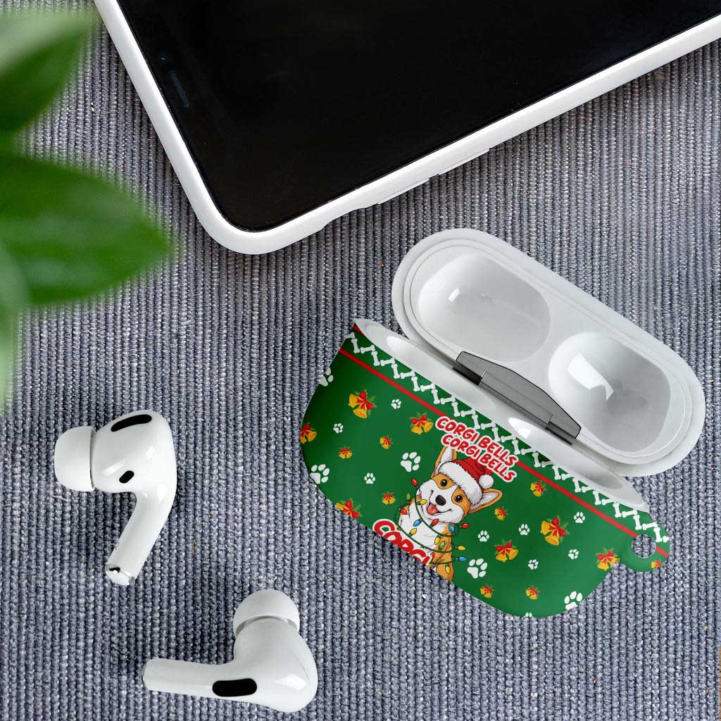 Corgi Dog Lights Corgi Bells Corgi All the Way AirPods Case wirh Green Snowflake Pattern Design - Wonder Print Shop