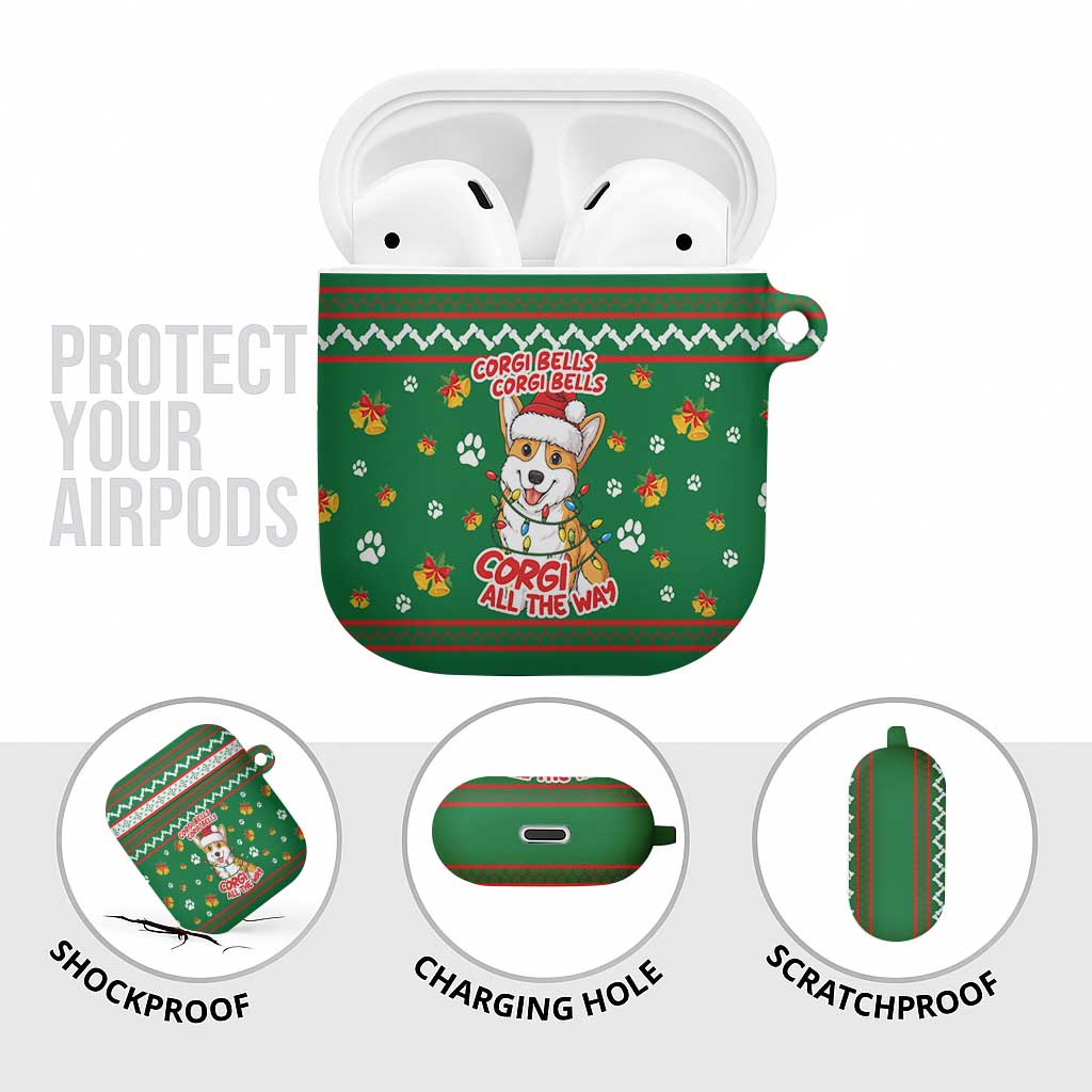 Corgi Dog Lights Corgi Bells Corgi All the Way AirPods Case wirh Green Snowflake Pattern Design - Wonder Print Shop