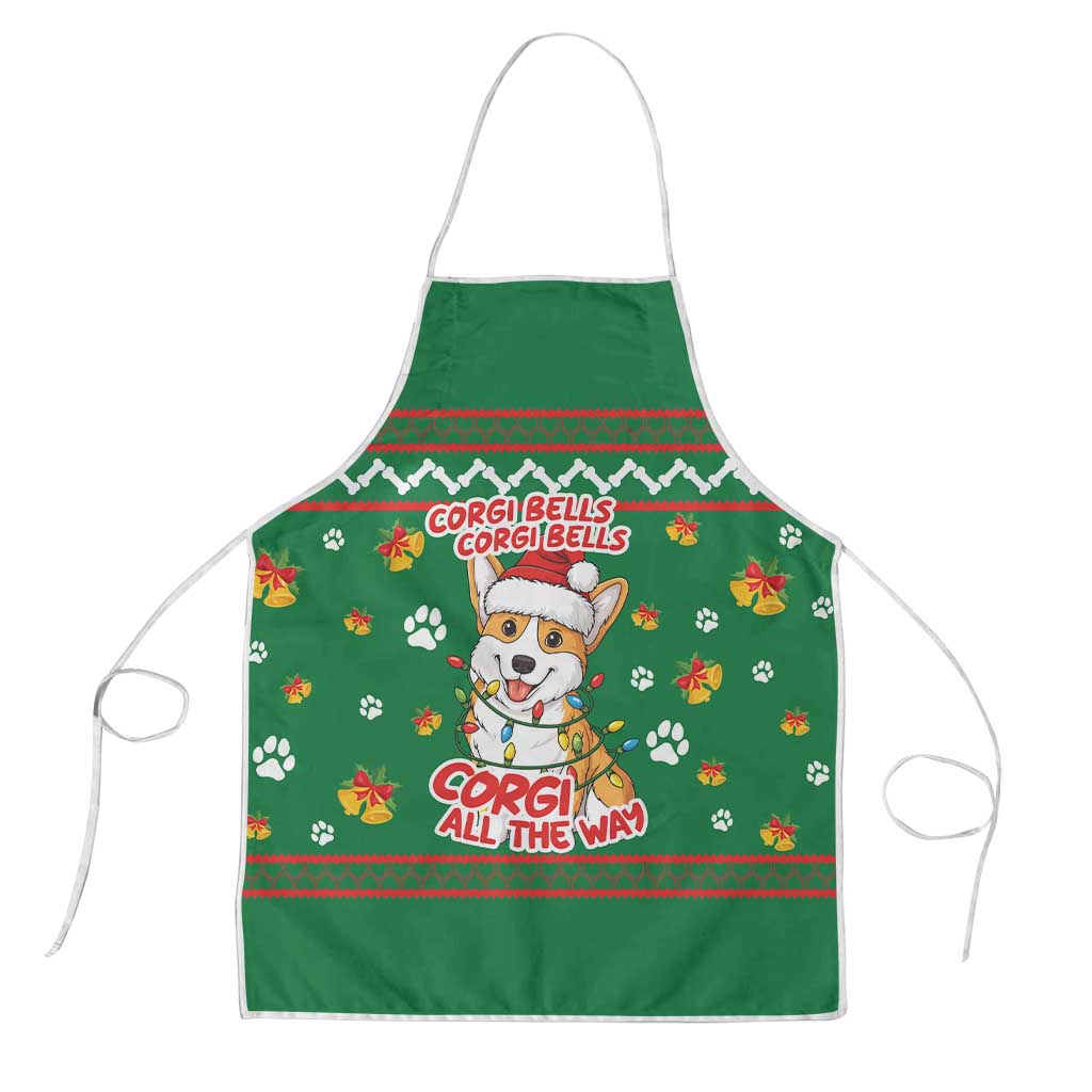 Corgi Dog Lights Corgi Bells Corgi All the Way Apron wirh Green Snowflake Pattern Design - Wonder Print Shop