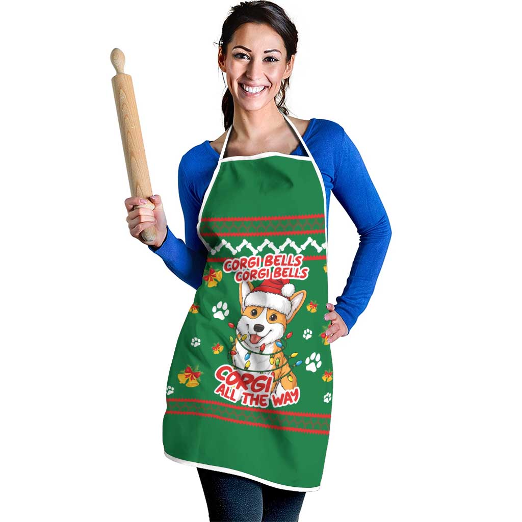Corgi Dog Lights Corgi Bells Corgi All the Way Apron wirh Green Snowflake Pattern Design - Wonder Print Shop