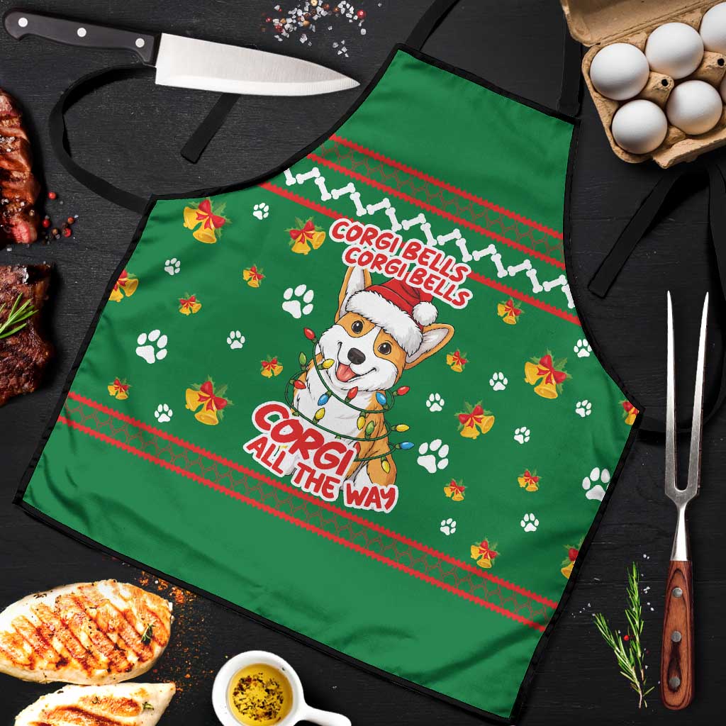 Corgi Dog Lights Corgi Bells Corgi All the Way Apron wirh Green Snowflake Pattern Design - Wonder Print Shop