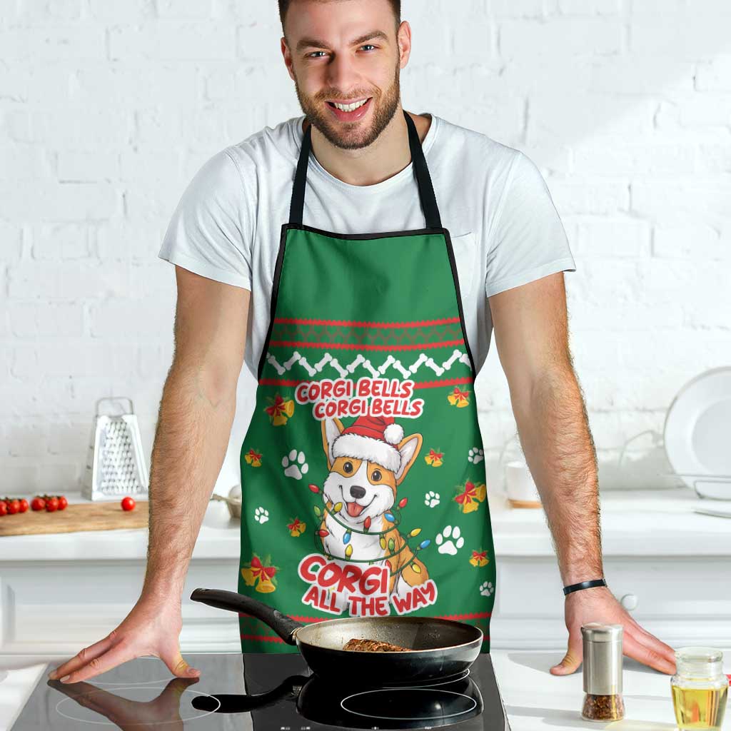 Corgi Dog Lights Corgi Bells Corgi All the Way Apron wirh Green Snowflake Pattern Design - Wonder Print Shop