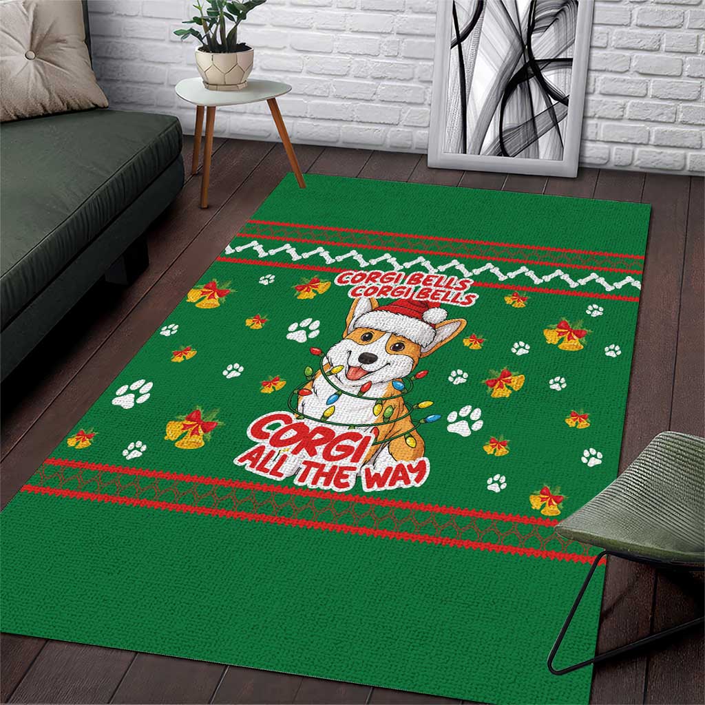 Corgi Dog Lights Corgi Bells Corgi All the Way Area Rug wirh Green Snowflake Pattern Design - Wonder Print Shop